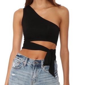 Black One Shoulder Side Tie Crop Top